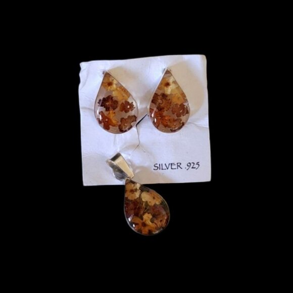 Vintage Jewelry - VTG 925 Sterling Pressed Flowers Earrings Pendant SET 🌺